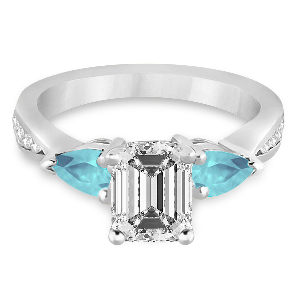 Emerald Diamond & Pear Aquamarine Engagement Ring 14k White Gold (1.79ct)