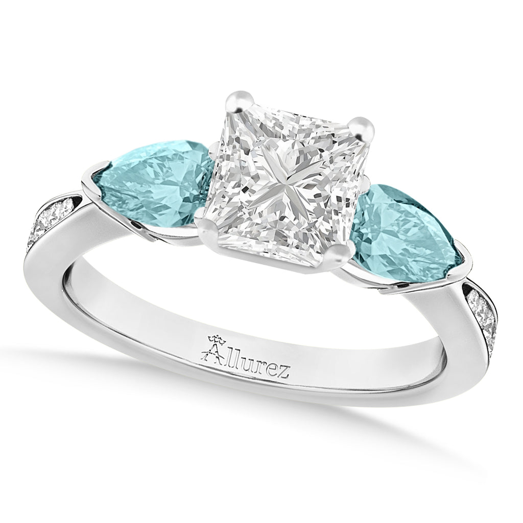 Princess Diamond & Pear Aquamarine Engagement Ring 14k White Gold (1.79ct)