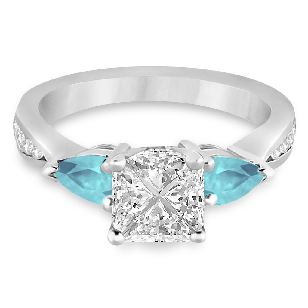 Princess Diamond & Pear Aquamarine Engagement Ring 14k White Gold (1.79ct)