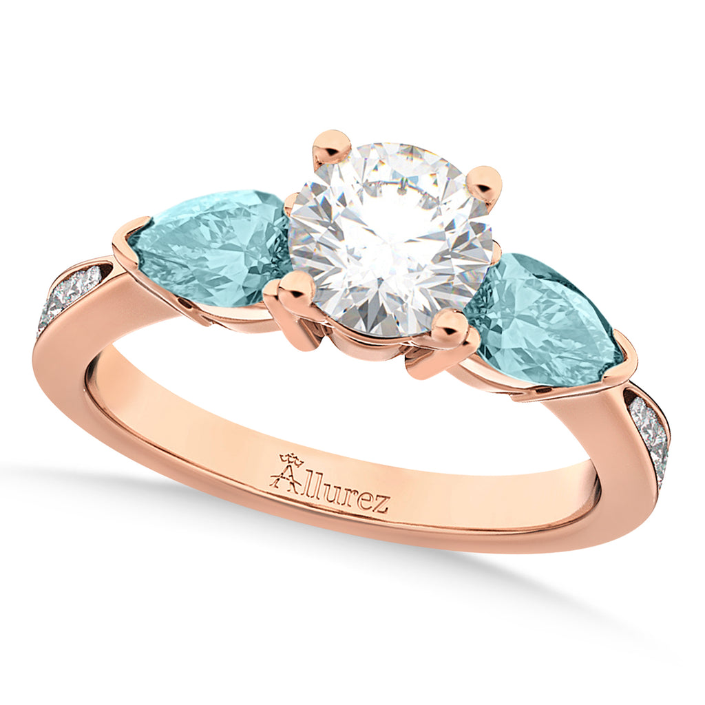 Round Diamond & Pear Aquamarine Engagement Ring 14k Rose Gold (1.79ct)