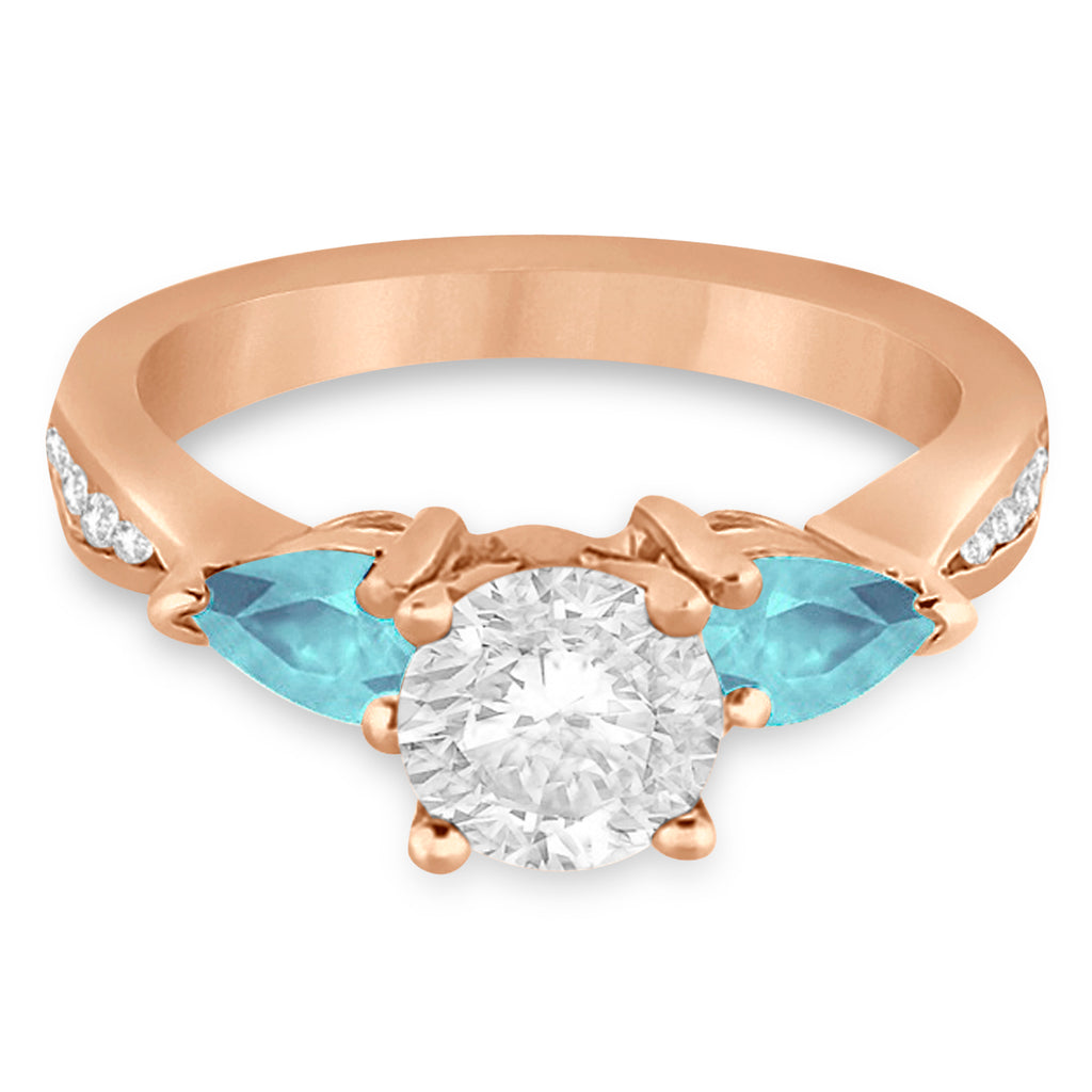 Round Diamond & Pear Aquamarine Engagement Ring 14k Rose Gold (1.79ct)
