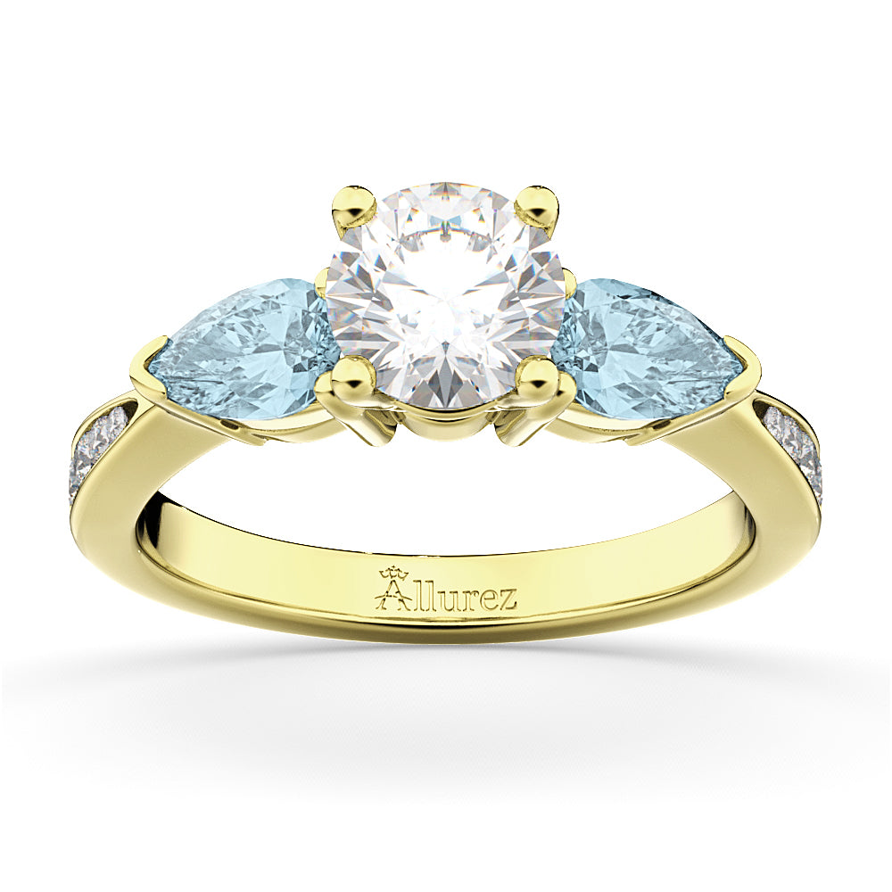 Round Diamond & Pear Aquamarine Engagement Ring 14k Yellow Gold (1.79ct)