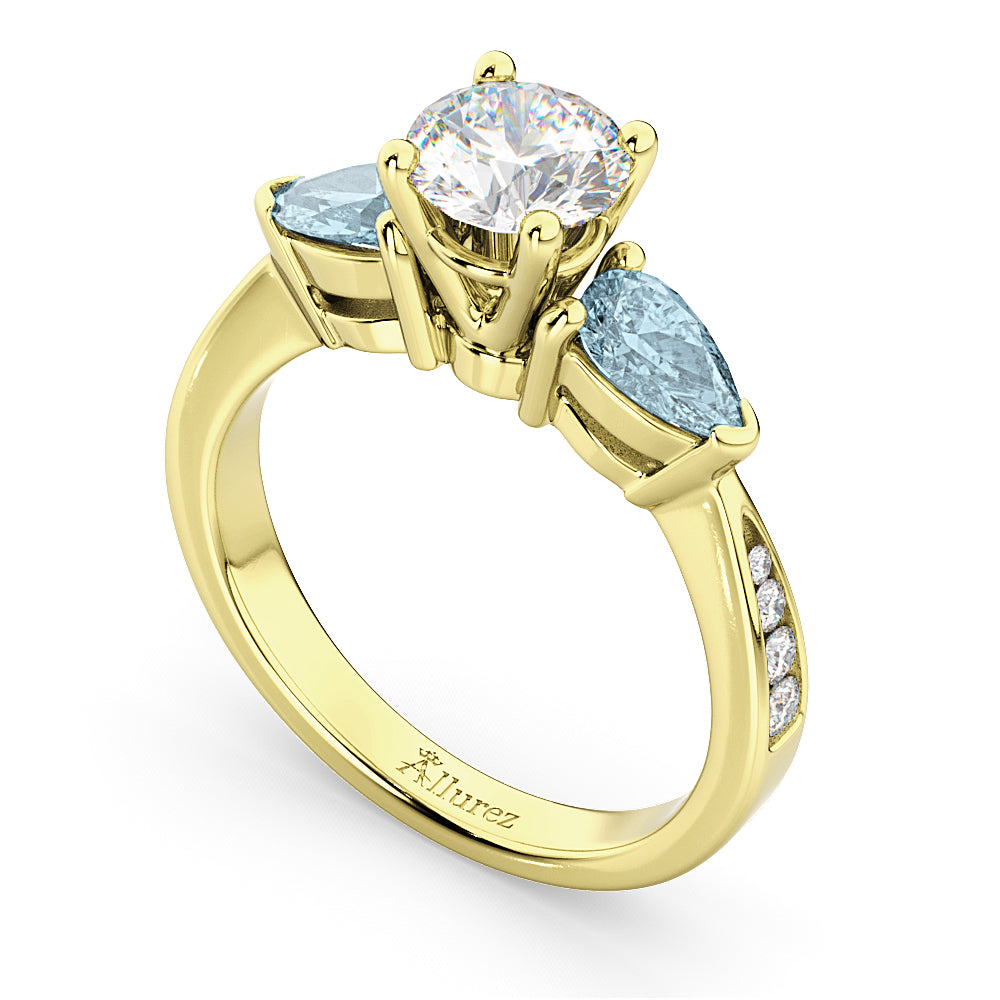 Round Diamond & Pear Aquamarine Engagement Ring 14k Yellow Gold (1.79ct)