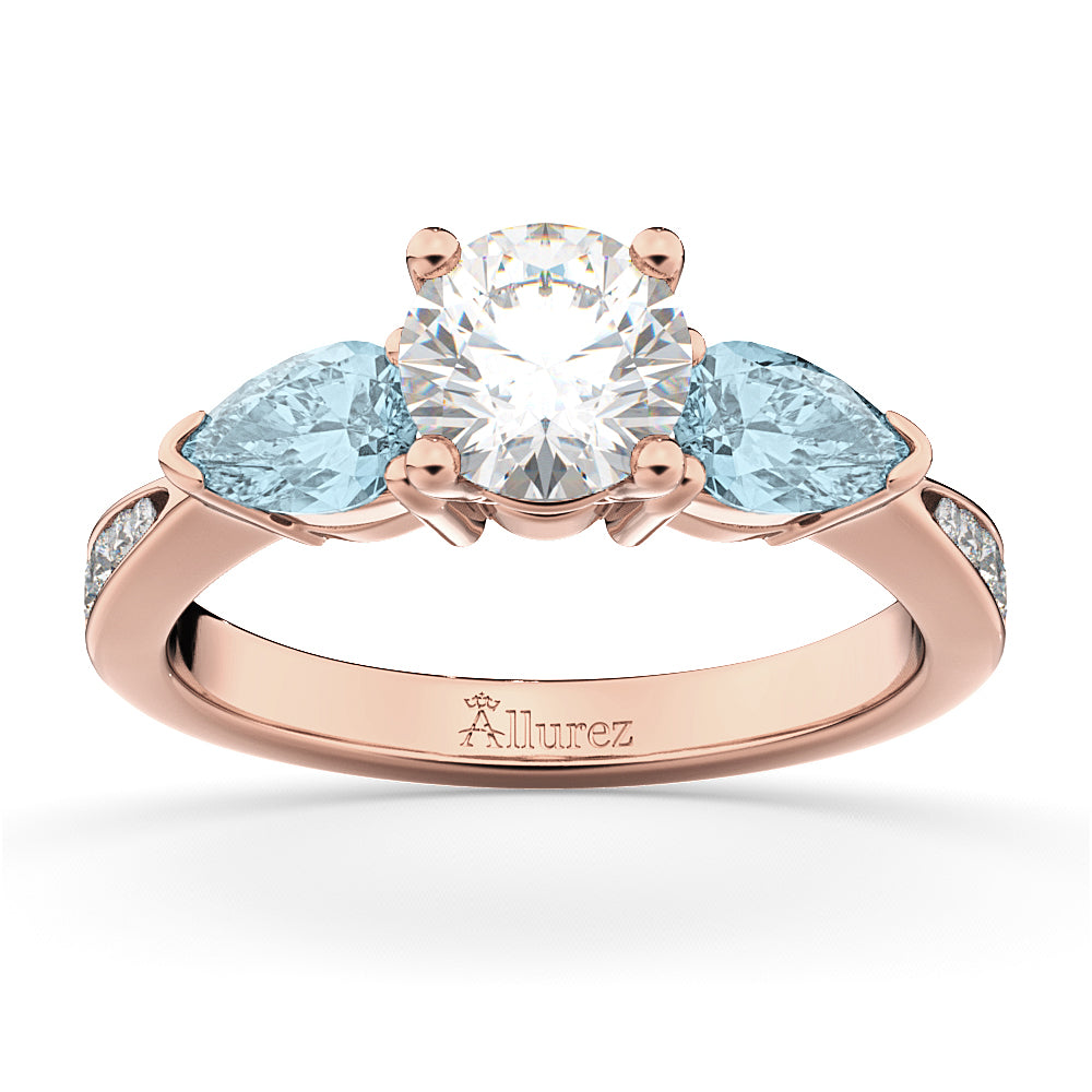 Round Diamond & Pear Aquamarine Engagement Ring 18k Rose Gold (1.79ct)