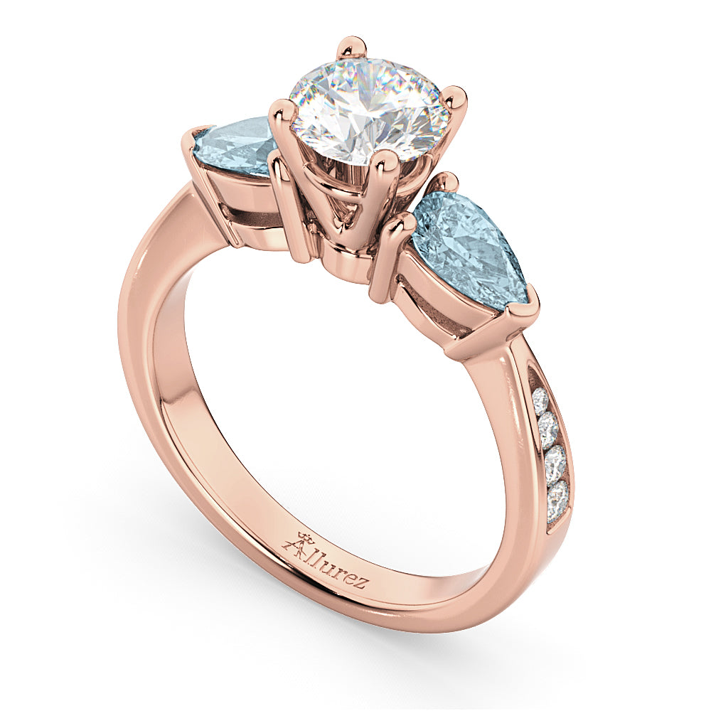 Round Diamond & Pear Aquamarine Engagement Ring 18k Rose Gold (1.79ct)