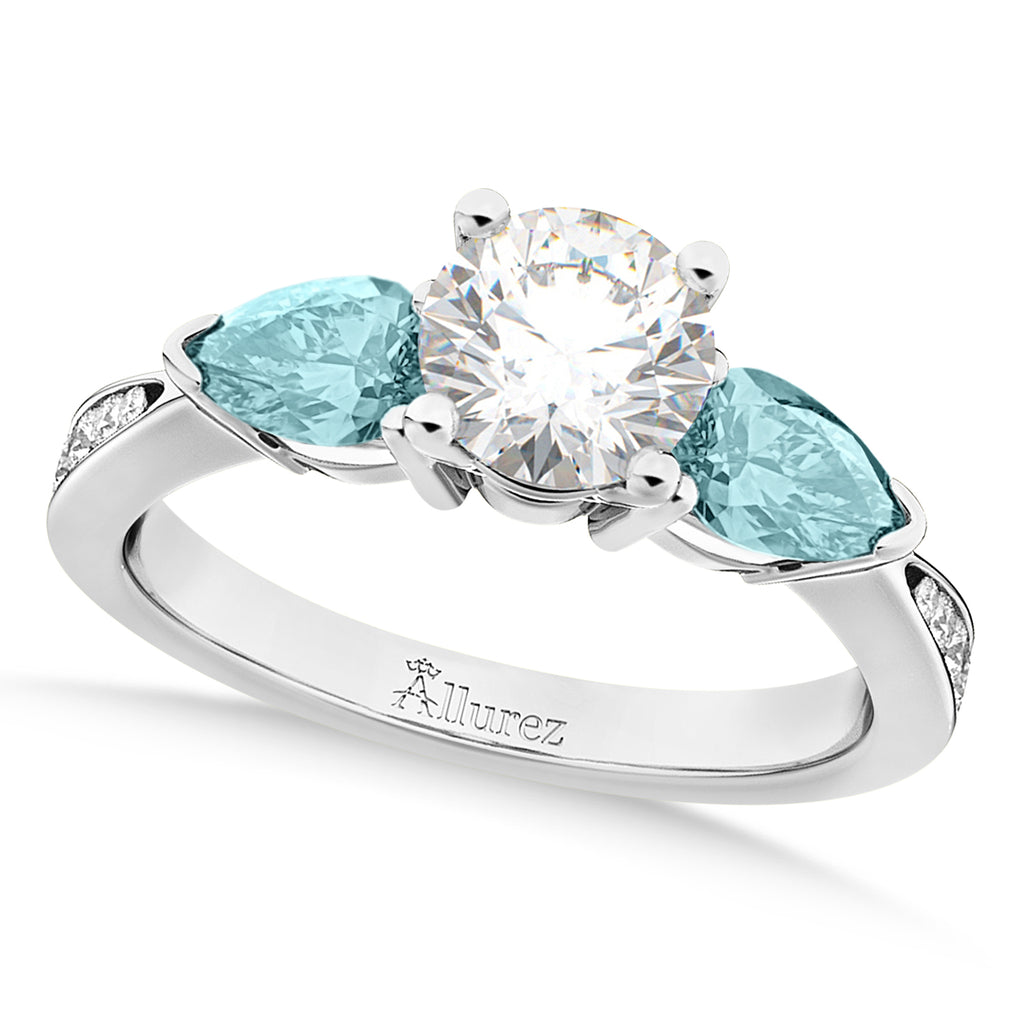 Round Diamond & Pear Aquamarine Engagement Ring 18k White Gold (1.79ct)