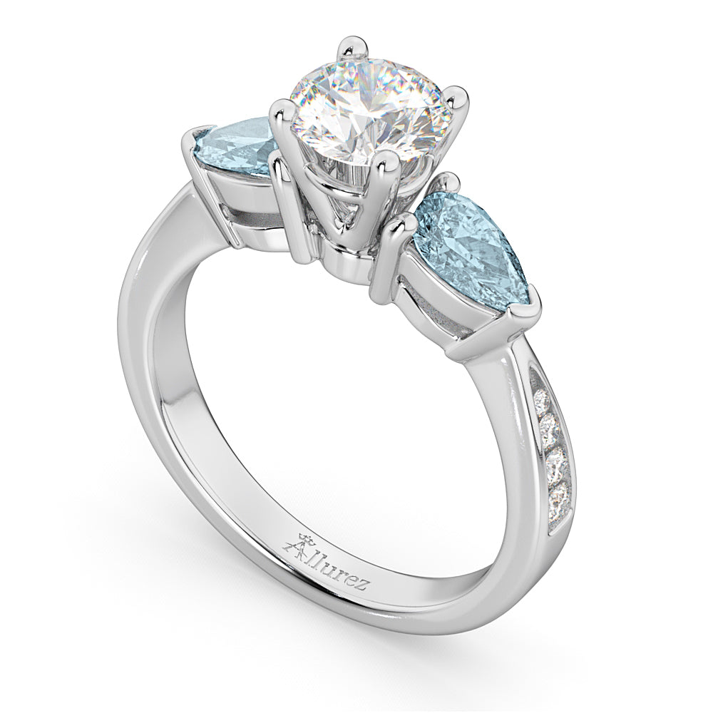 Round Diamond & Pear Aquamarine Engagement Ring 18k White Gold (1.79ct)
