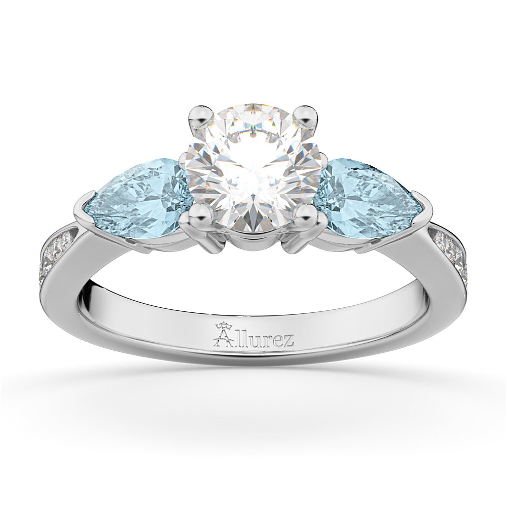 Round Diamond & Pear Aquamarine Engagement Ring in Palladium (1.79ct)