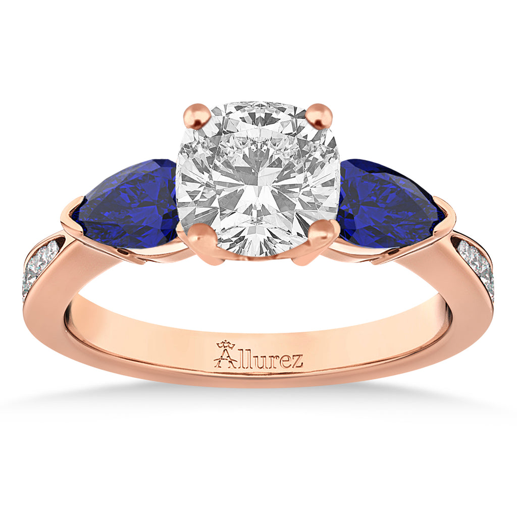 Cushion Diamond & Pear Blue Sapphire Engagement Ring 14k Rose Gold (1.29ct)