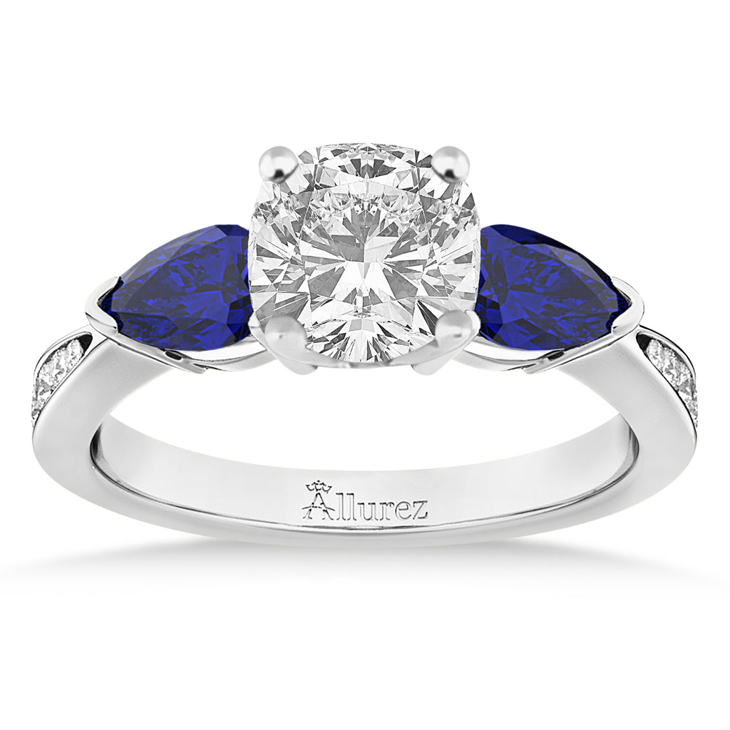 Cushion Diamond & Pear Blue Sapphire Engagement Ring 14k White Gold (1.29ct)