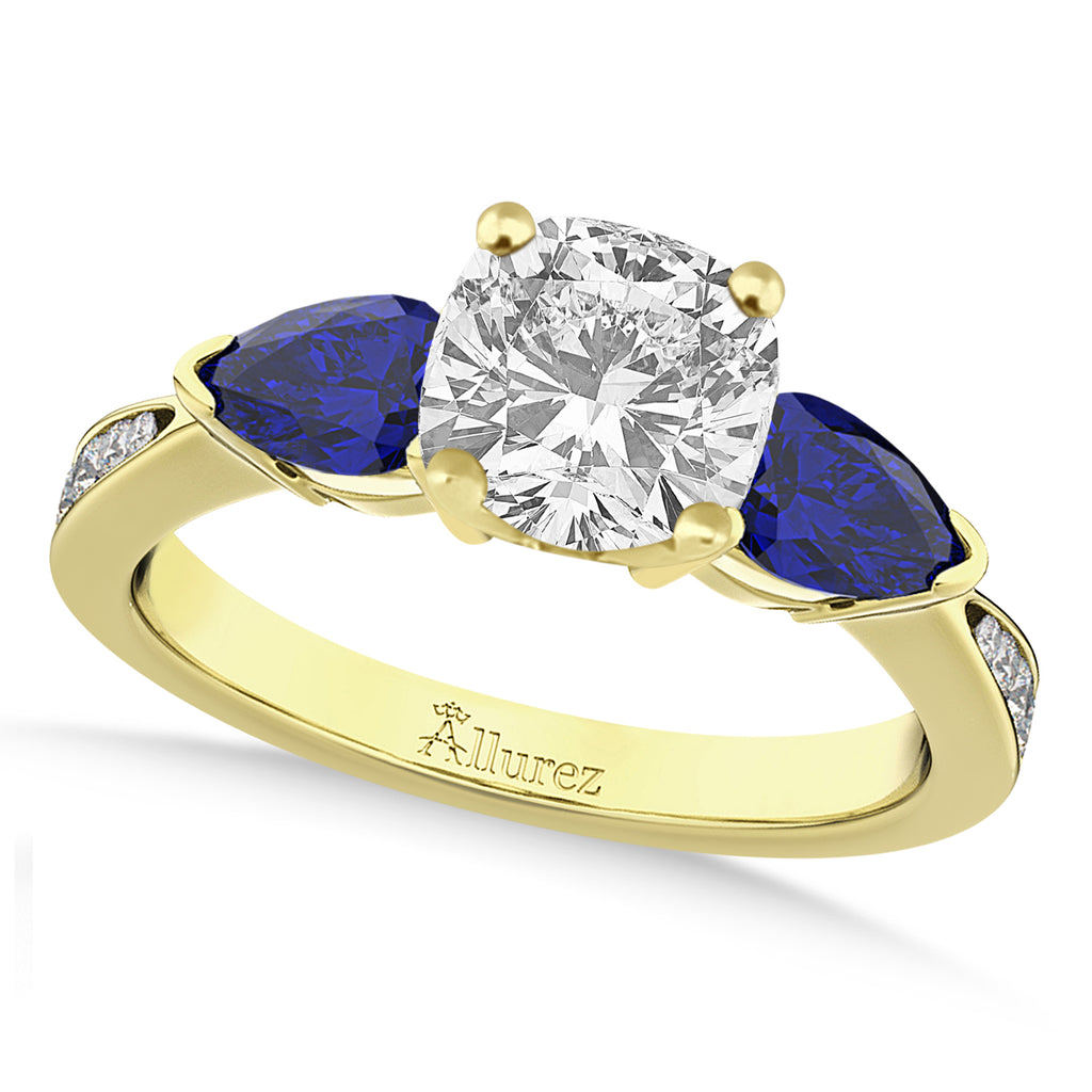 Cushion Diamond & Pear Blue Sapphire Engagement Ring 18k Yellow Gold (1.29ct)