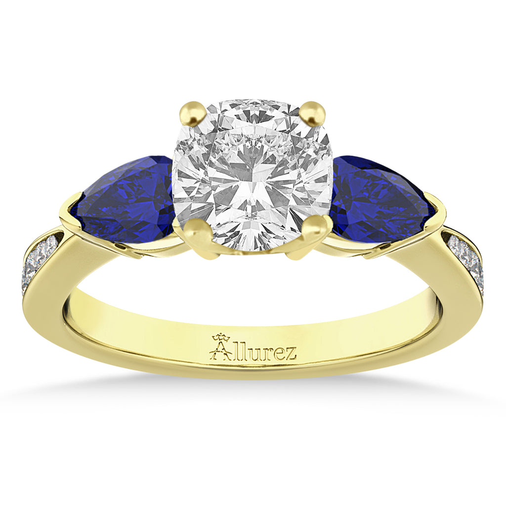 Cushion Diamond & Pear Blue Sapphire Engagement Ring 18k Yellow Gold (1.29ct)