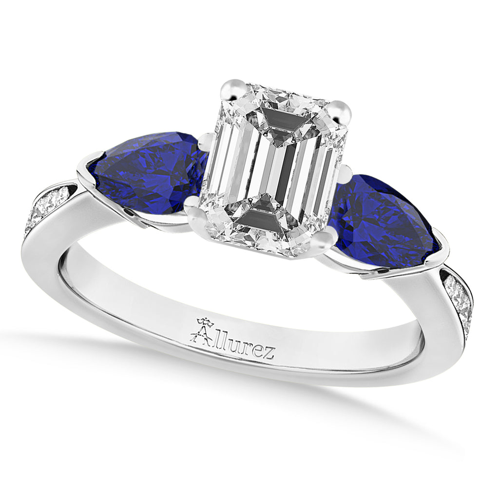 Emerald Diamond & Pear Blue Sapphire Engagement Ring 14k White Gold (1.29ct)