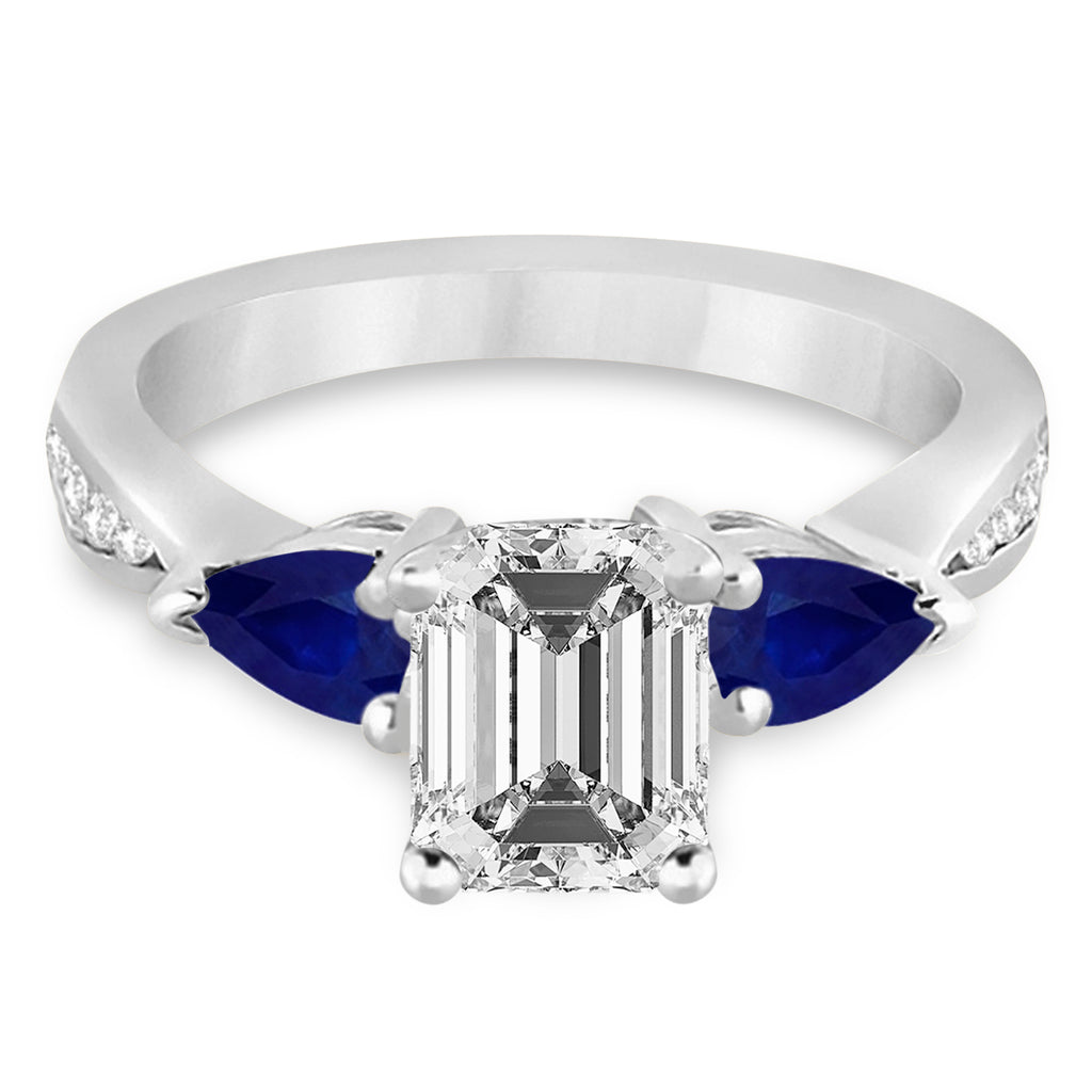 Emerald Diamond & Pear Blue Sapphire Engagement Ring 14k White Gold (1.29ct)