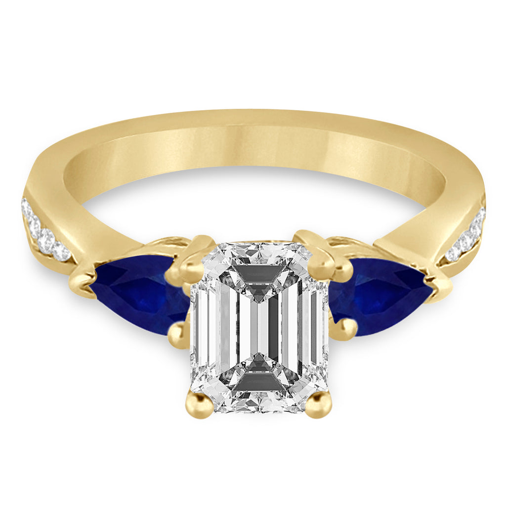 Emerald Diamond & Pear Blue Sapphire Engagement Ring 14k Yellow Gold (1.29ct)