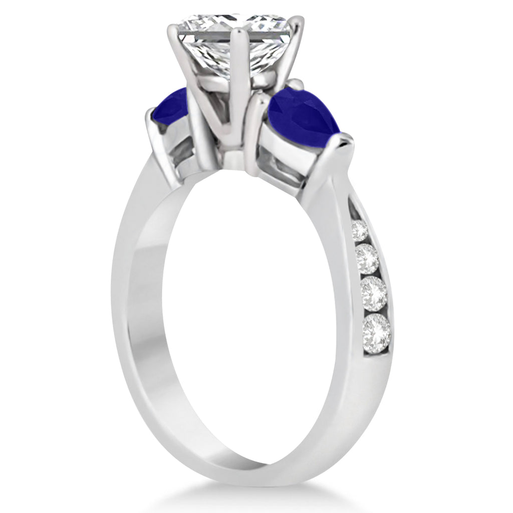 Princess Diamond & Pear Blue Sapphire Engagement Ring 18k White Gold (1.29ct)