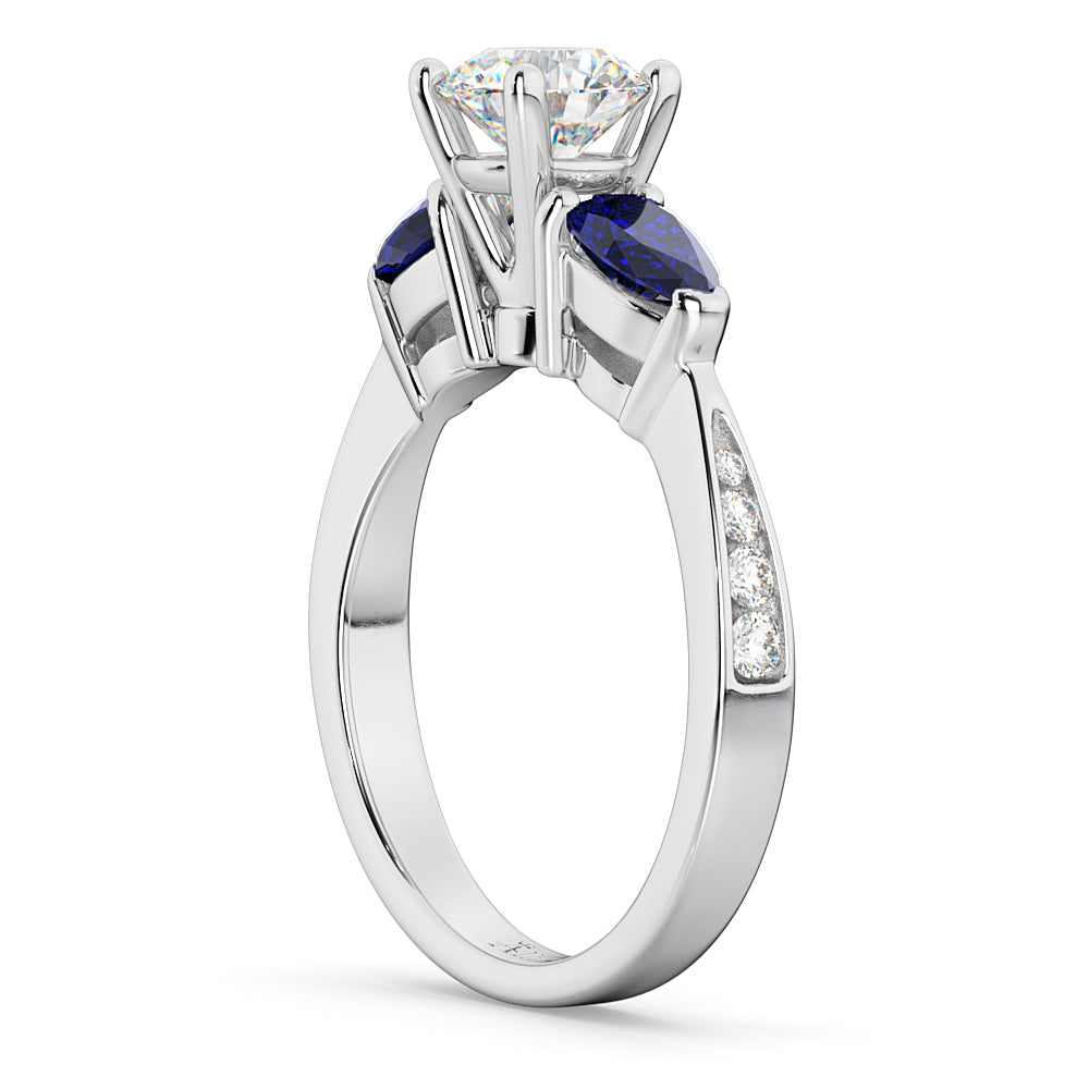 Round Diamond & Pear Blue Sapphire Engagement Ring 18k White Gold (1.29ct)