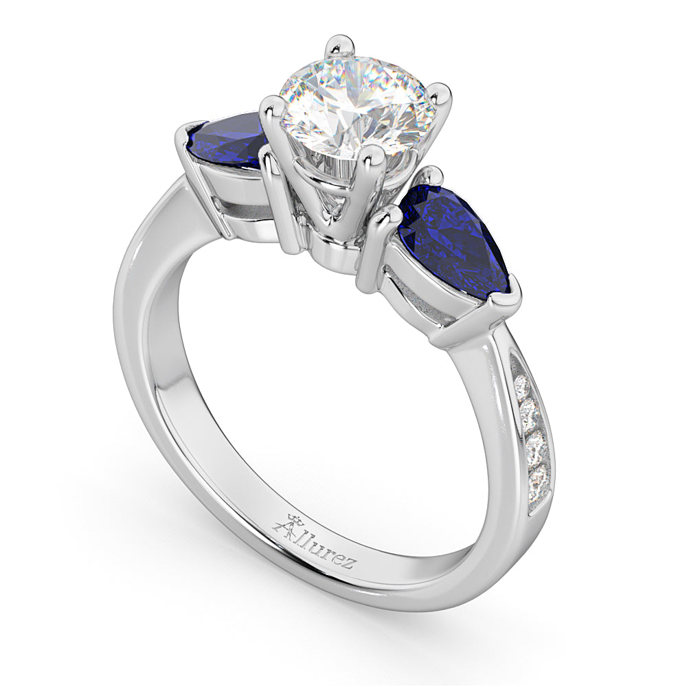 Round Diamond & Pear Blue Sapphire Engagement Ring 18k White Gold (1.29ct)