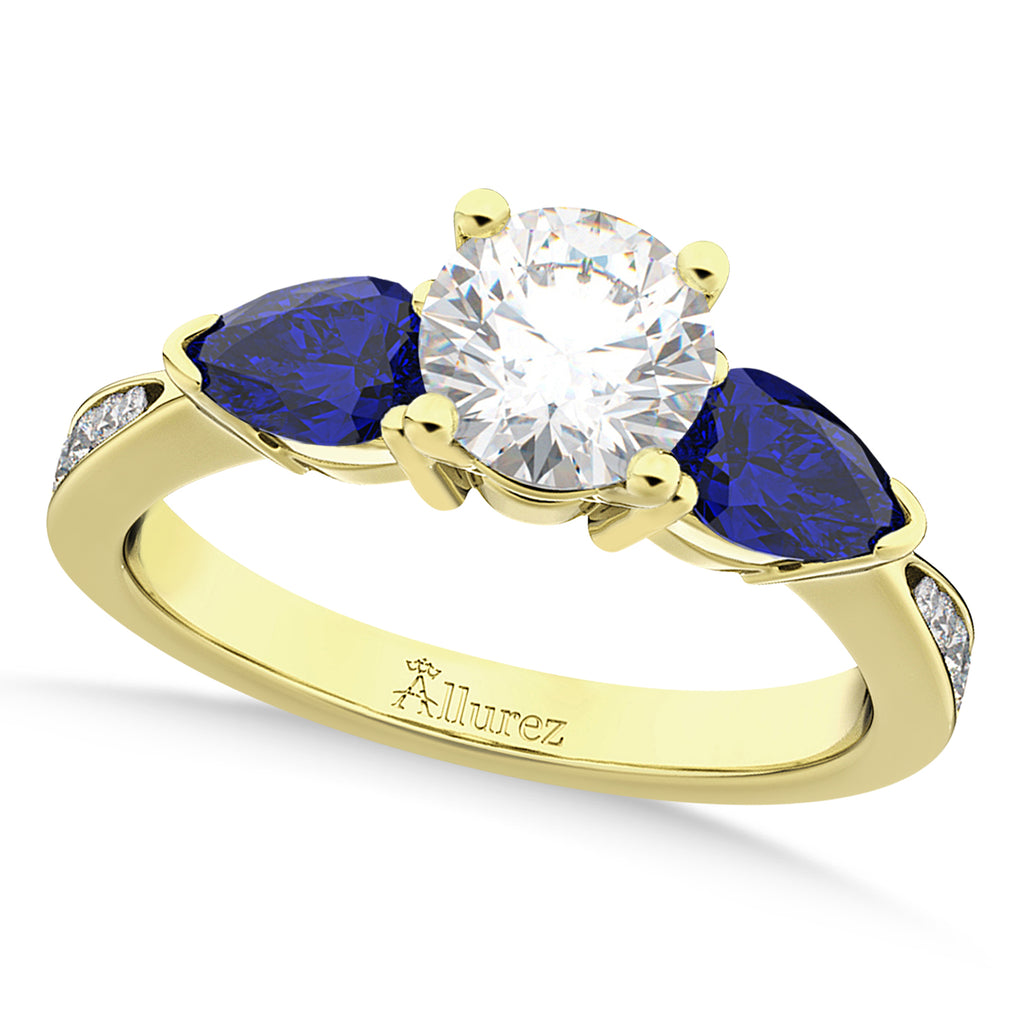Round Diamond & Pear Blue Sapphire Engagement Ring 18k Yellow Gold (1.29ct)