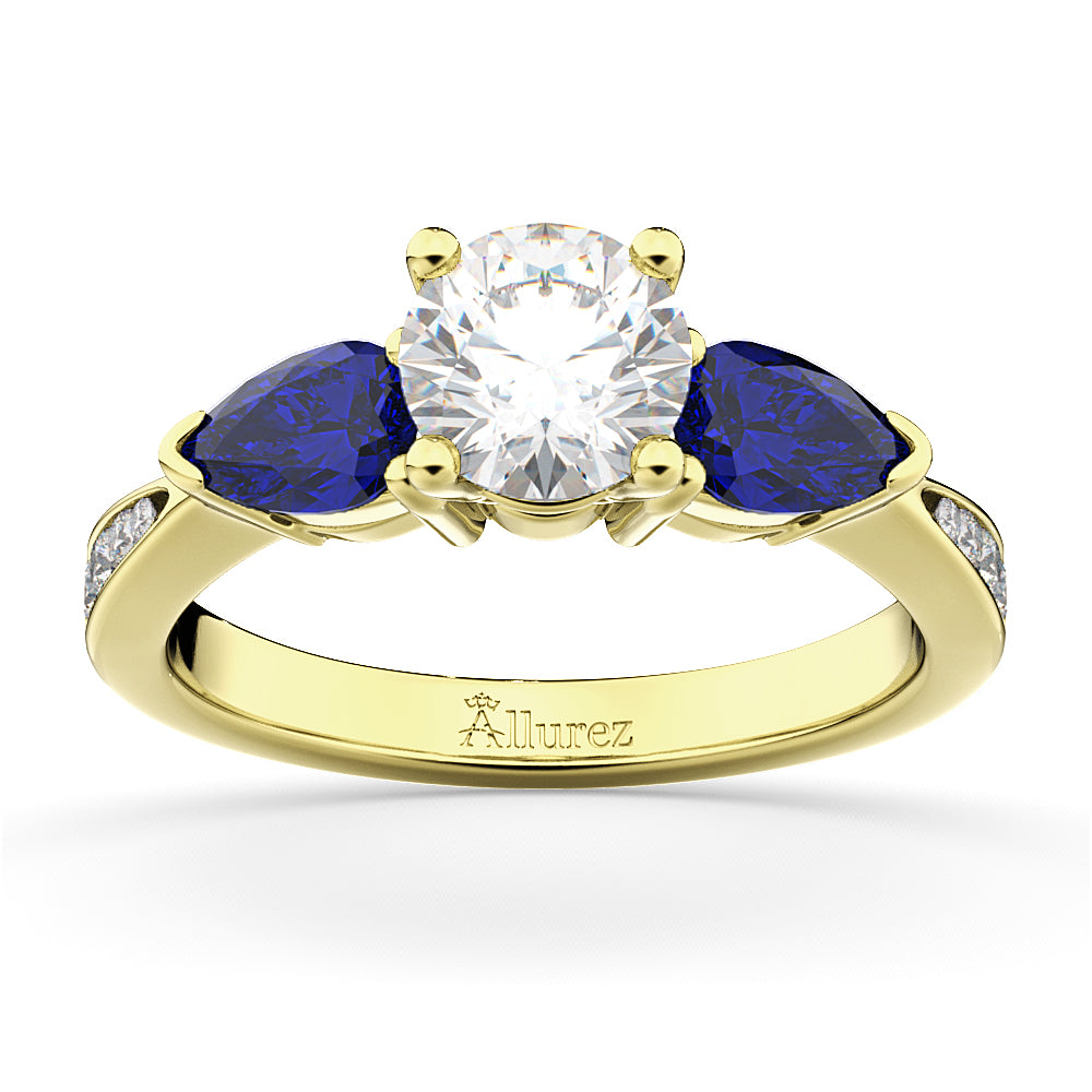 Round Diamond & Pear Blue Sapphire Engagement Ring 18k Yellow Gold (1.29ct)