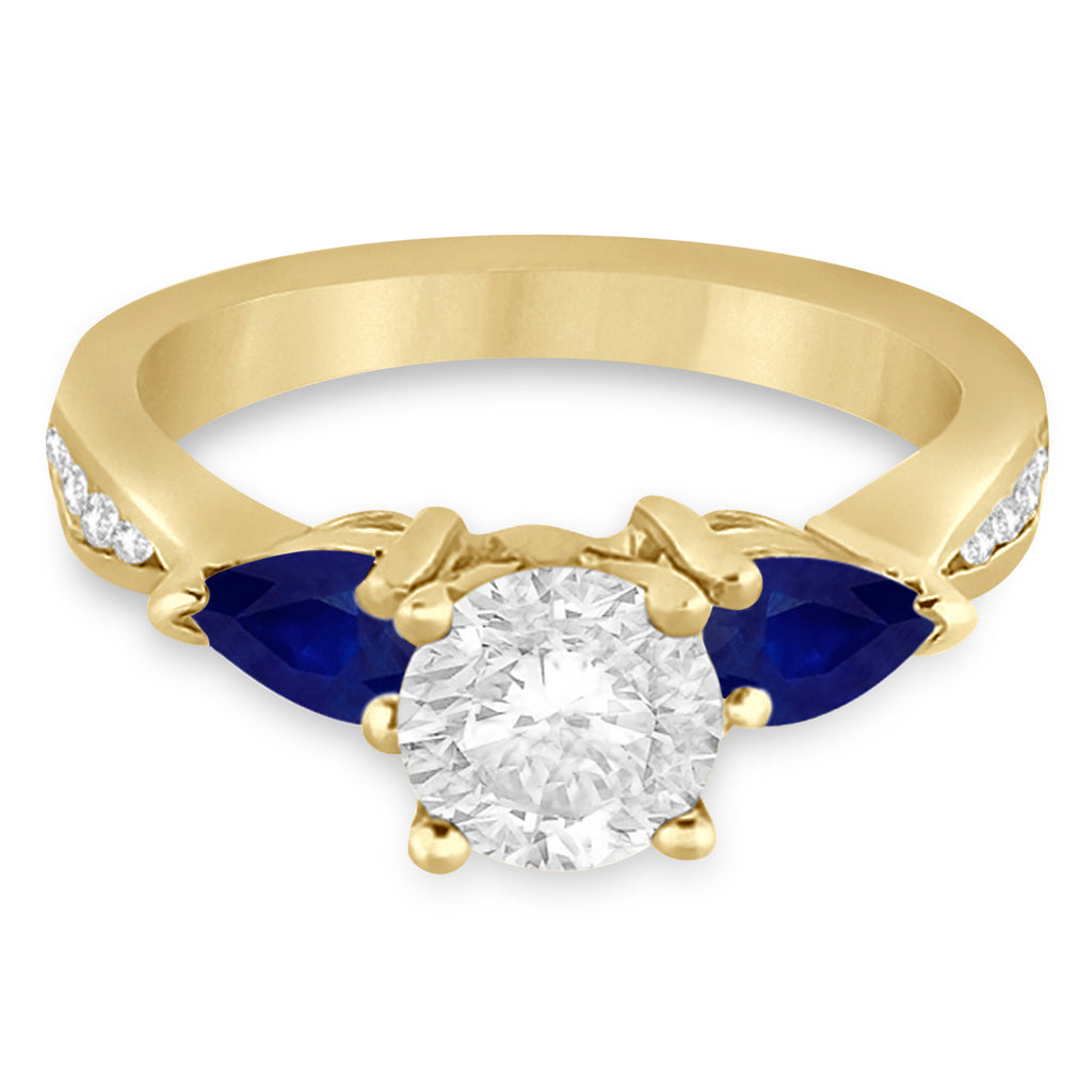 Round Diamond & Pear Blue Sapphire Engagement Ring 18k Yellow Gold (1.29ct)