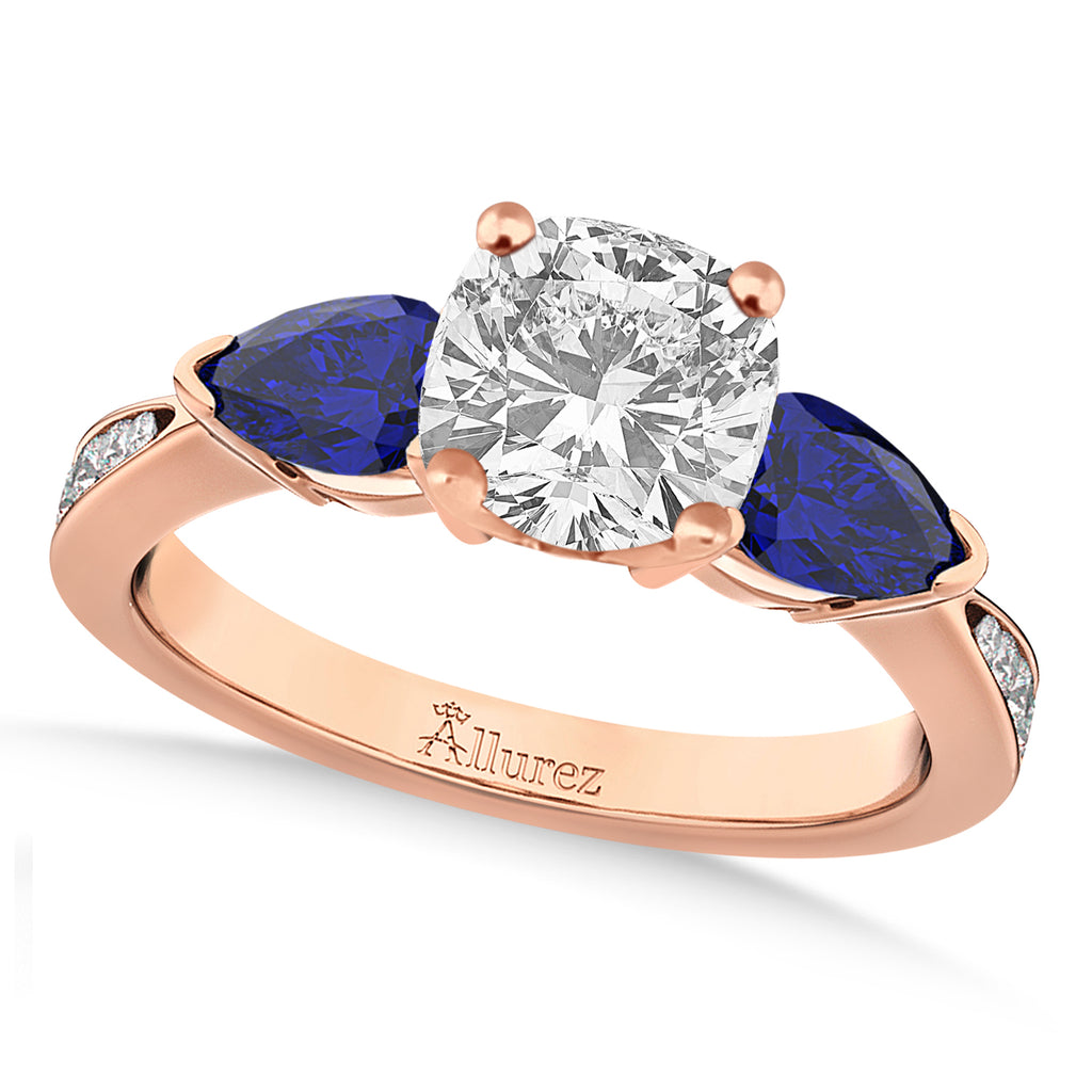 Cushion Diamond & Pear Blue Sapphire Engagement Ring 14k Rose Gold (1.79ct)