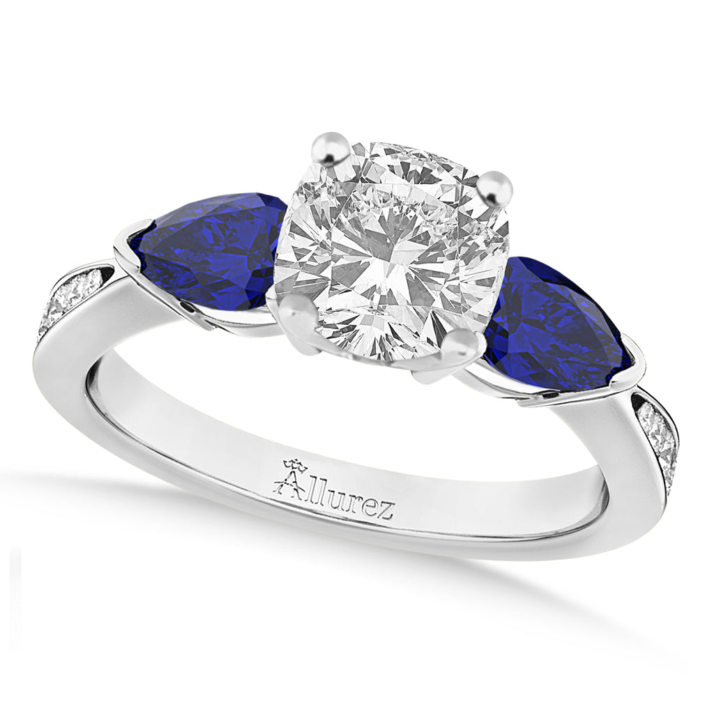 Cushion Diamond & Pear Blue Sapphire Engagement Ring 18k White Gold (1.79ct)