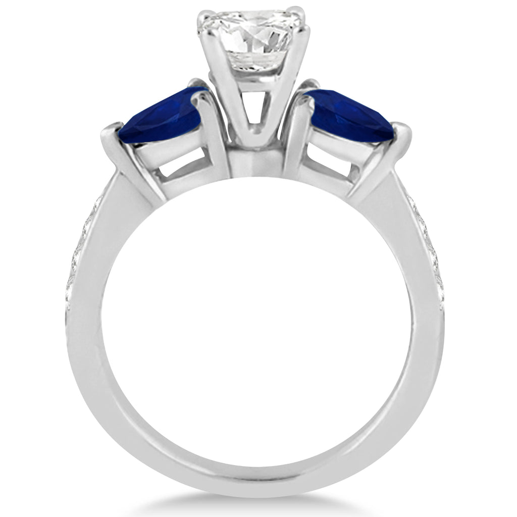 Cushion Diamond & Pear Blue Sapphire Engagement Ring 18k White Gold (1.79ct)