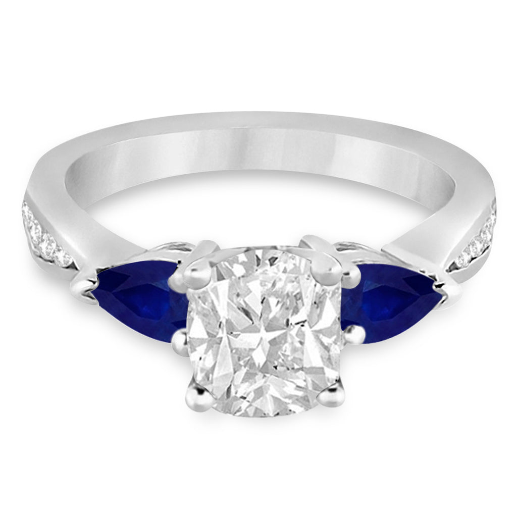 Cushion Diamond & Pear Blue Sapphire Engagement Ring 18k White Gold (1.79ct)