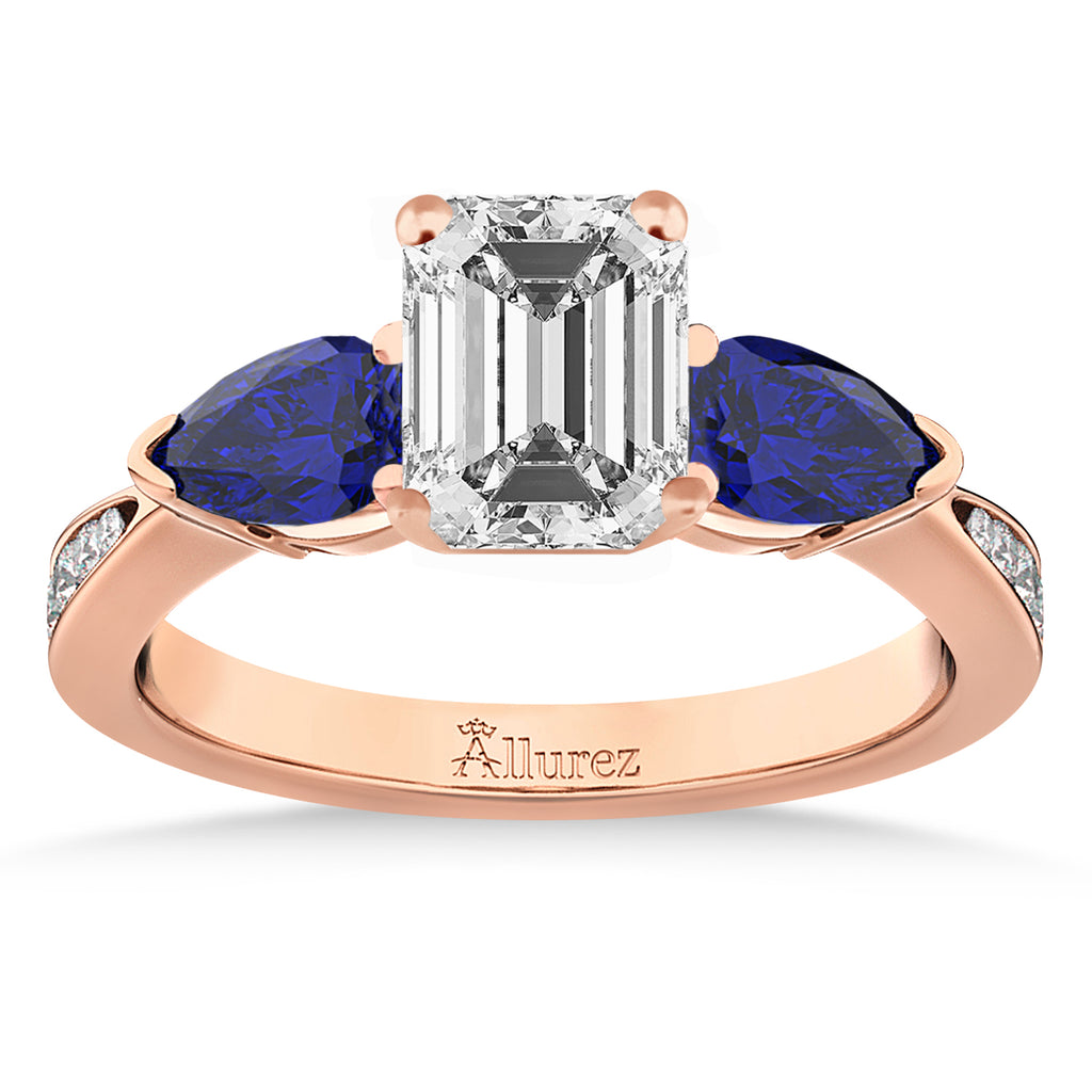 Emerald Diamond & Pear Blue Sapphire Engagement Ring 14k Rose Gold (1.79ct)