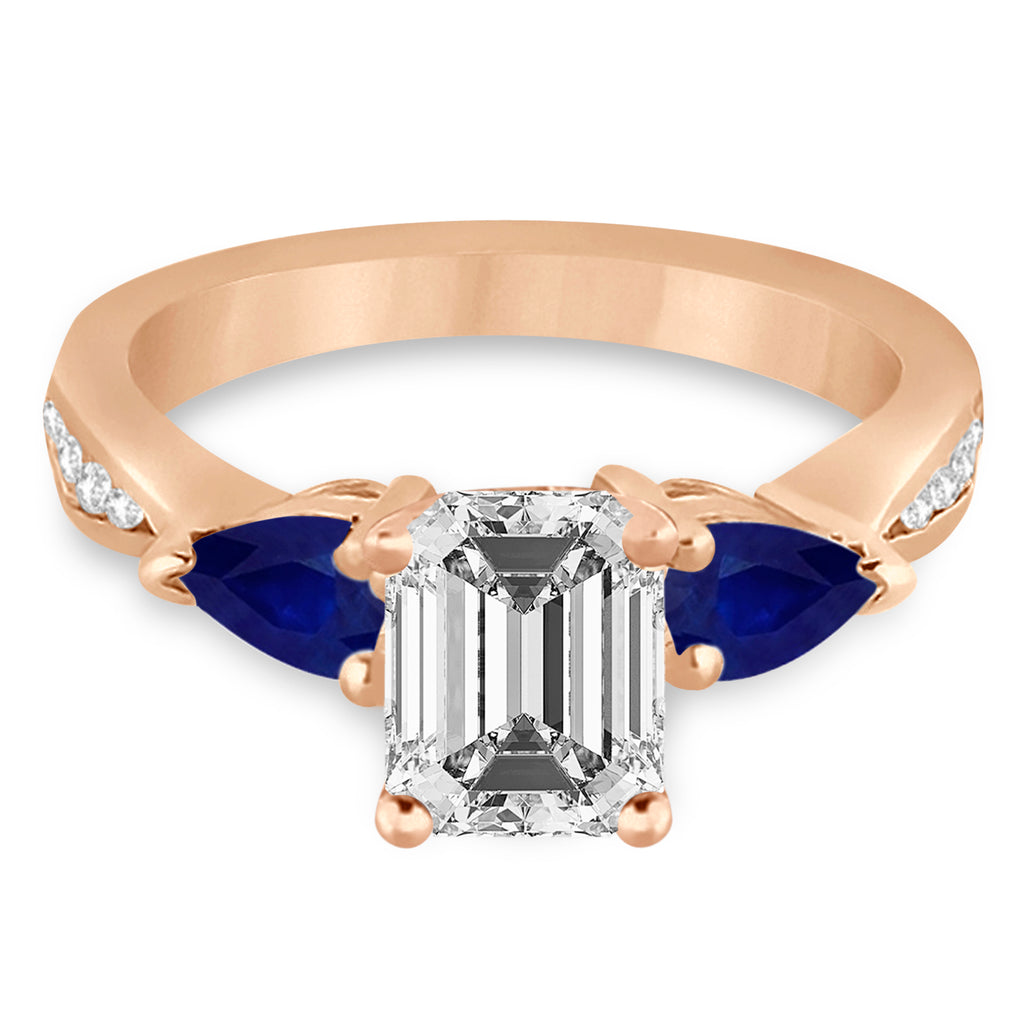Emerald Diamond & Pear Blue Sapphire Engagement Ring 14k Rose Gold (1.79ct)