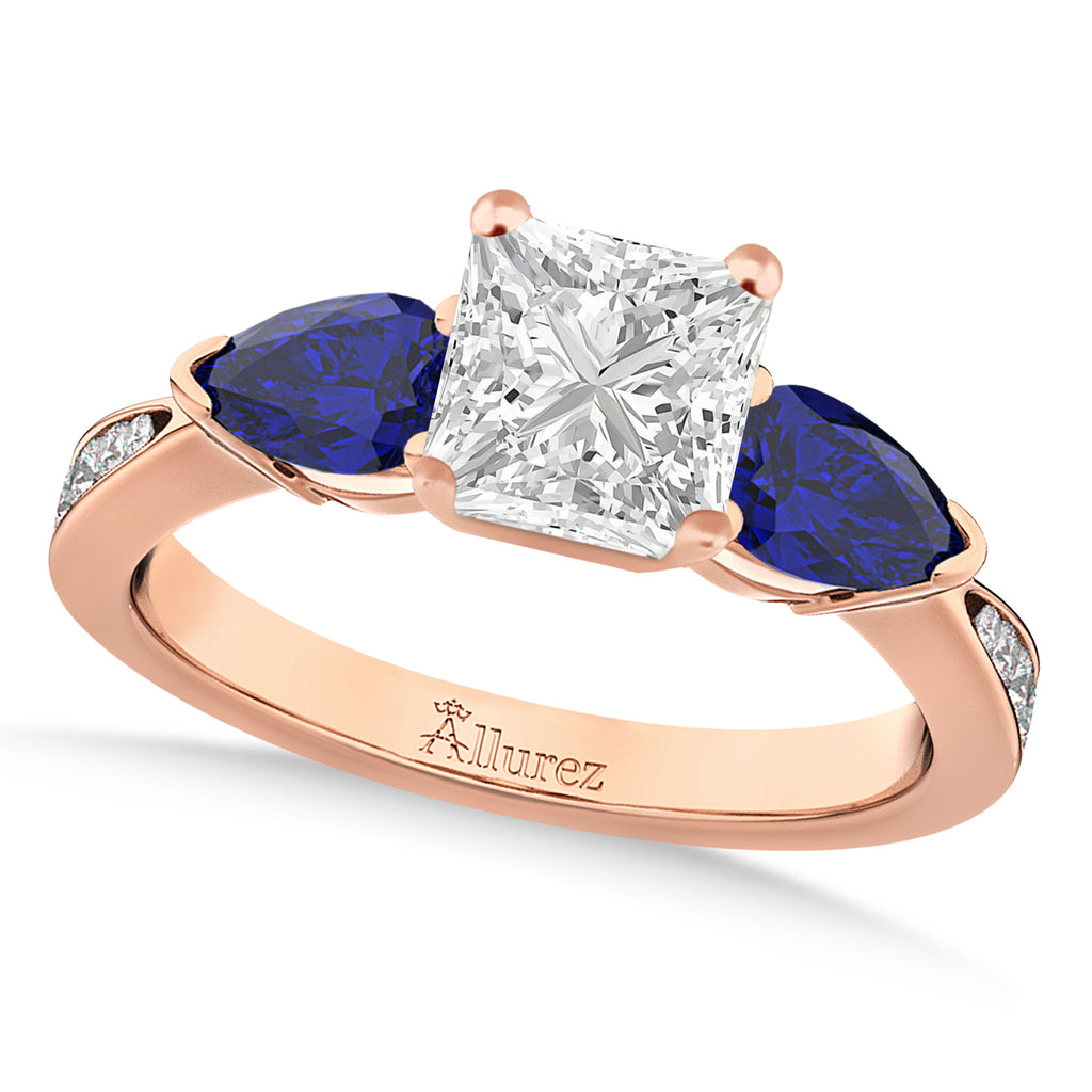 Princess Diamond & Pear Blue Sapphire Engagement Ring 18k Rose Gold (1.79ct)