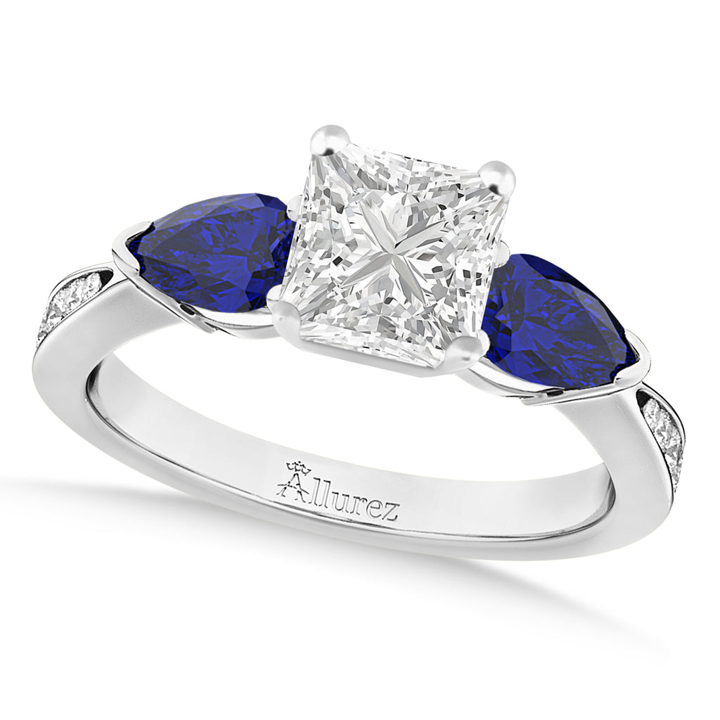 Princess Diamond & Pear Blue Sapphire Engagement Ring 18k White Gold (1.79ct)