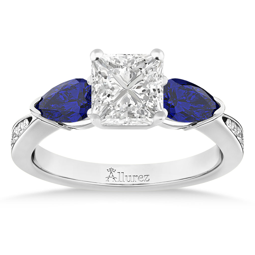 Princess Diamond & Pear Blue Sapphire Engagement Ring 18k White Gold (1.79ct)