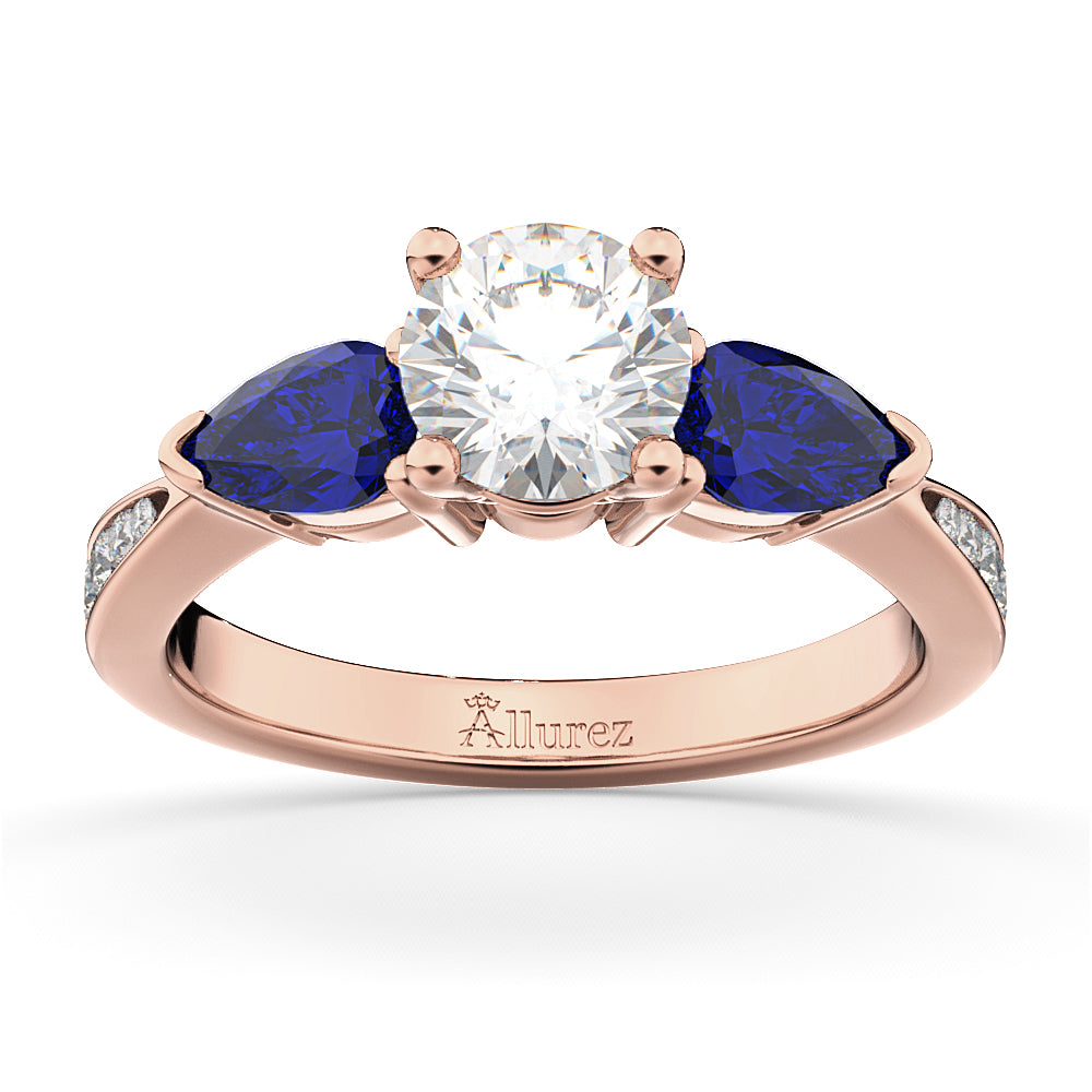 Round Diamond & Pear Blue Sapphire Engagement Ring 18k Rose Gold (1.79ct)