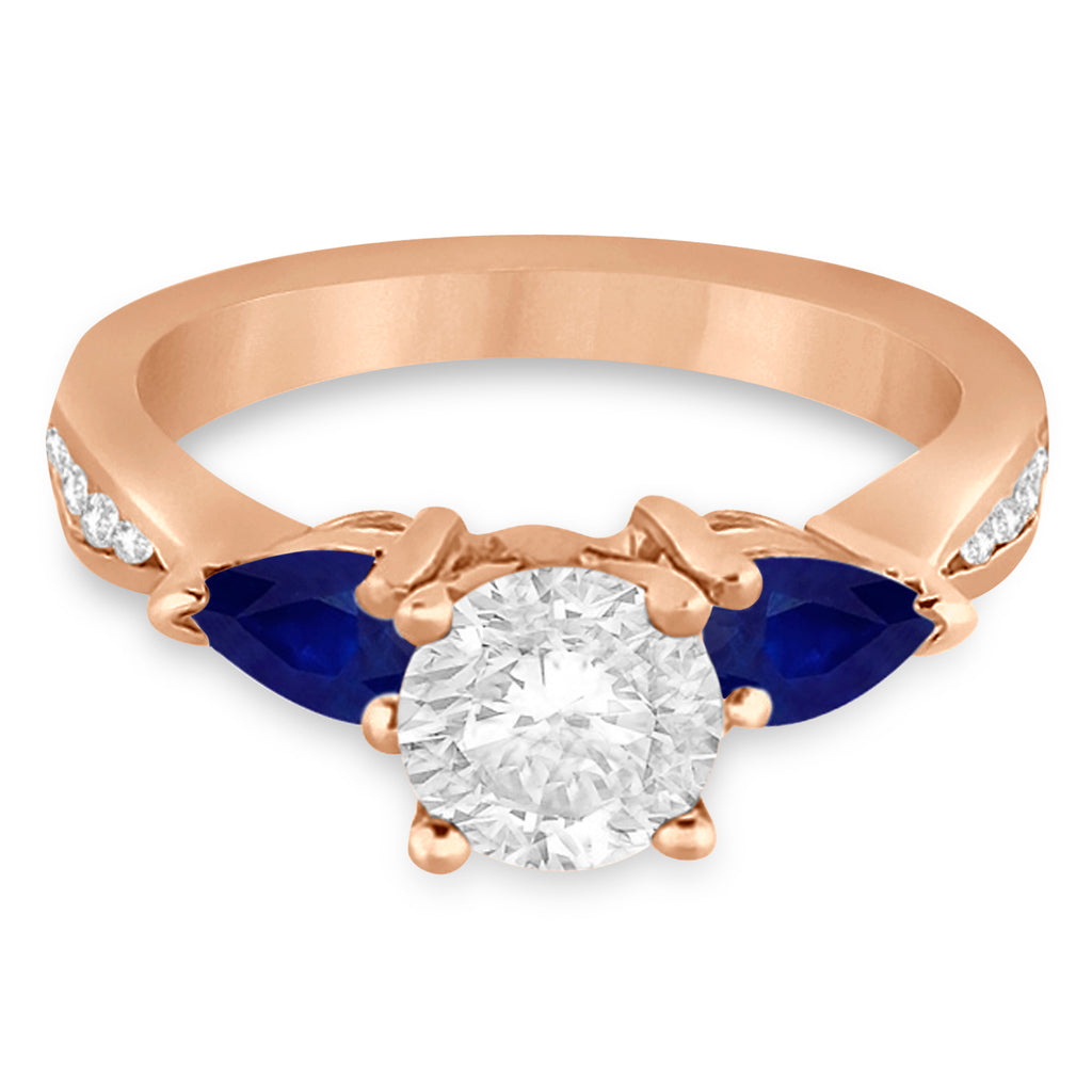 Round Diamond & Pear Blue Sapphire Engagement Ring 18k Rose Gold (1.79ct)