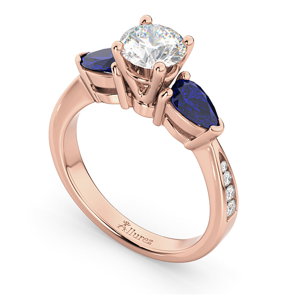 Round Diamond & Pear Blue Sapphire Engagement Ring 18k Rose Gold (1.79ct)