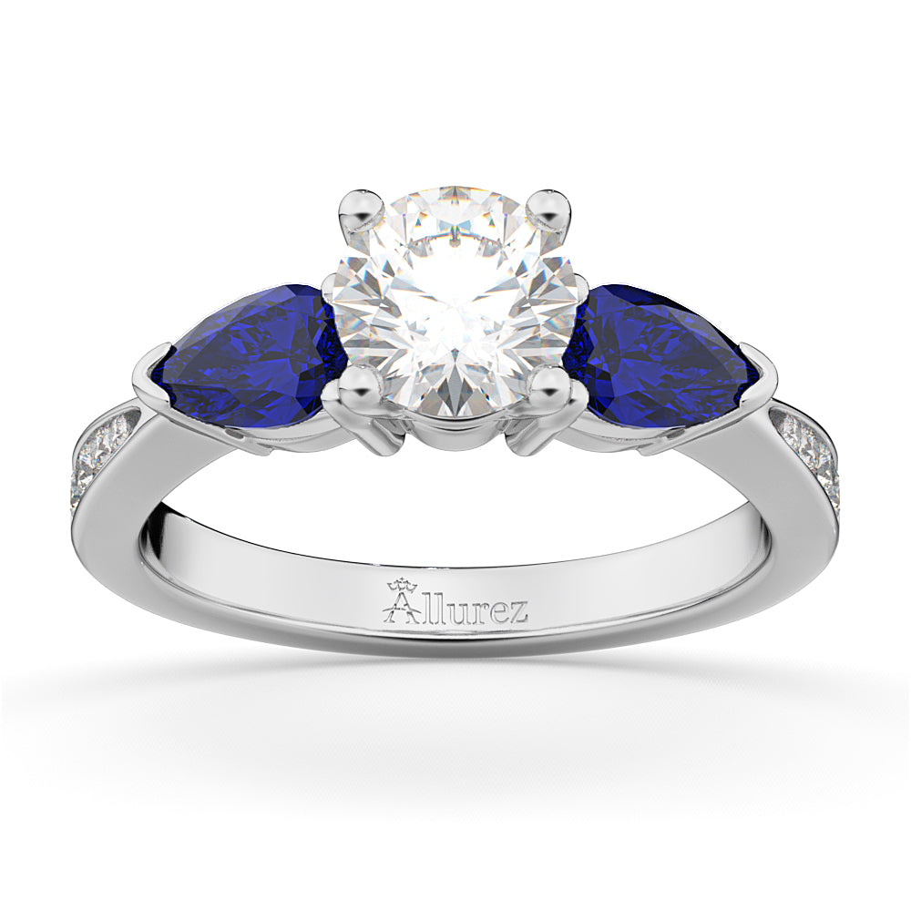 Round Diamond & Pear Blue Sapphire Engagement Ring 18k White Gold (1.79ct)