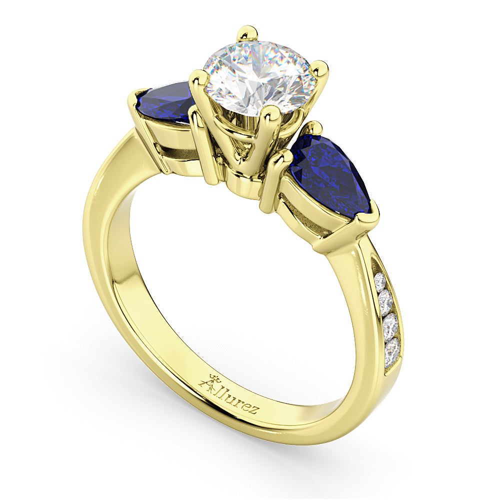 Round Diamond & Pear Blue Sapphire Engagement Ring 18k Yellow Gold (1.79ct)