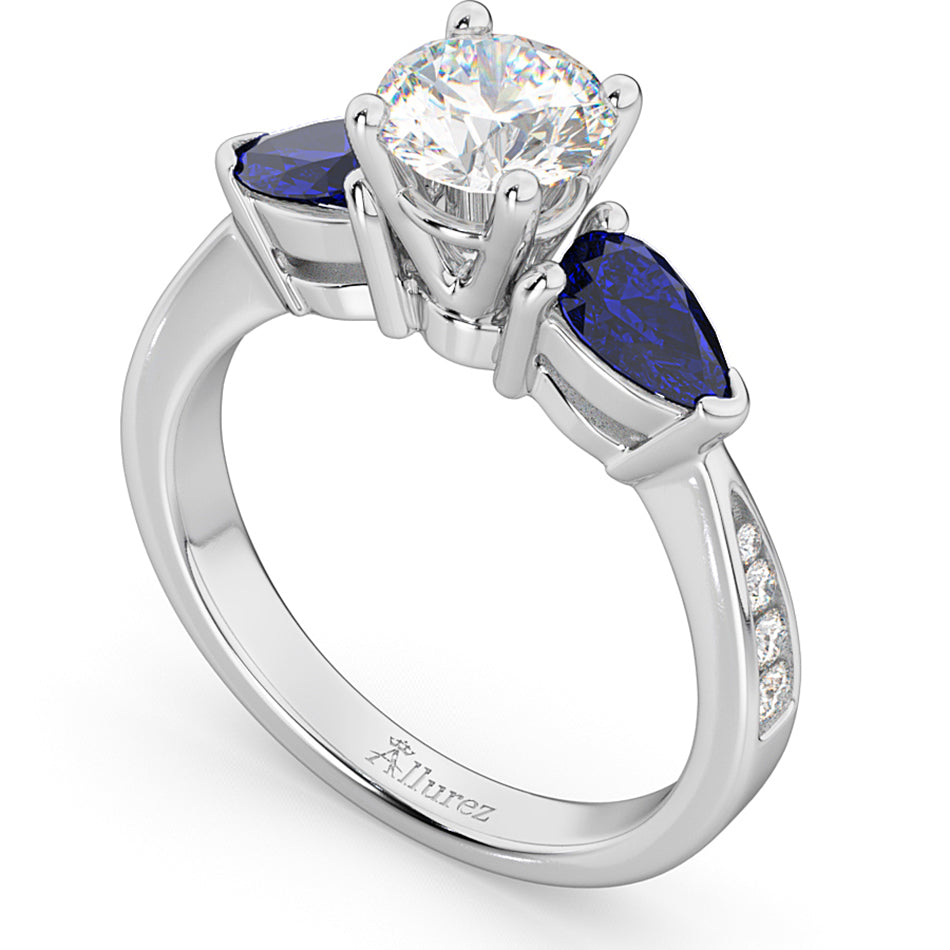 Lab Diamond & Pear Lab Blue Sapphire Engagement Ring 18k White Gold (0.79ct)