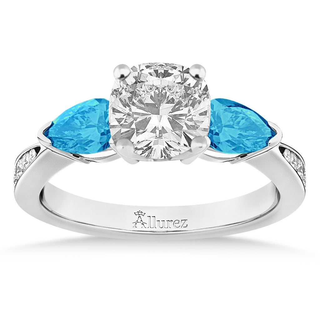 Cushion Diamond & Pear Blue Topaz Engagement Ring 18k White Gold (1.29ct)