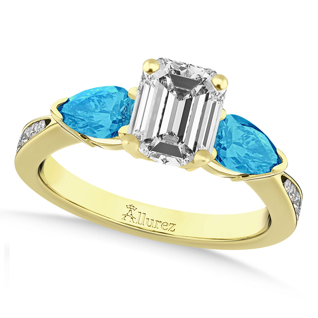 Emerald Diamond & Pear Blue Topaz Engagement Ring 18k Yellow Gold (1.29ct)