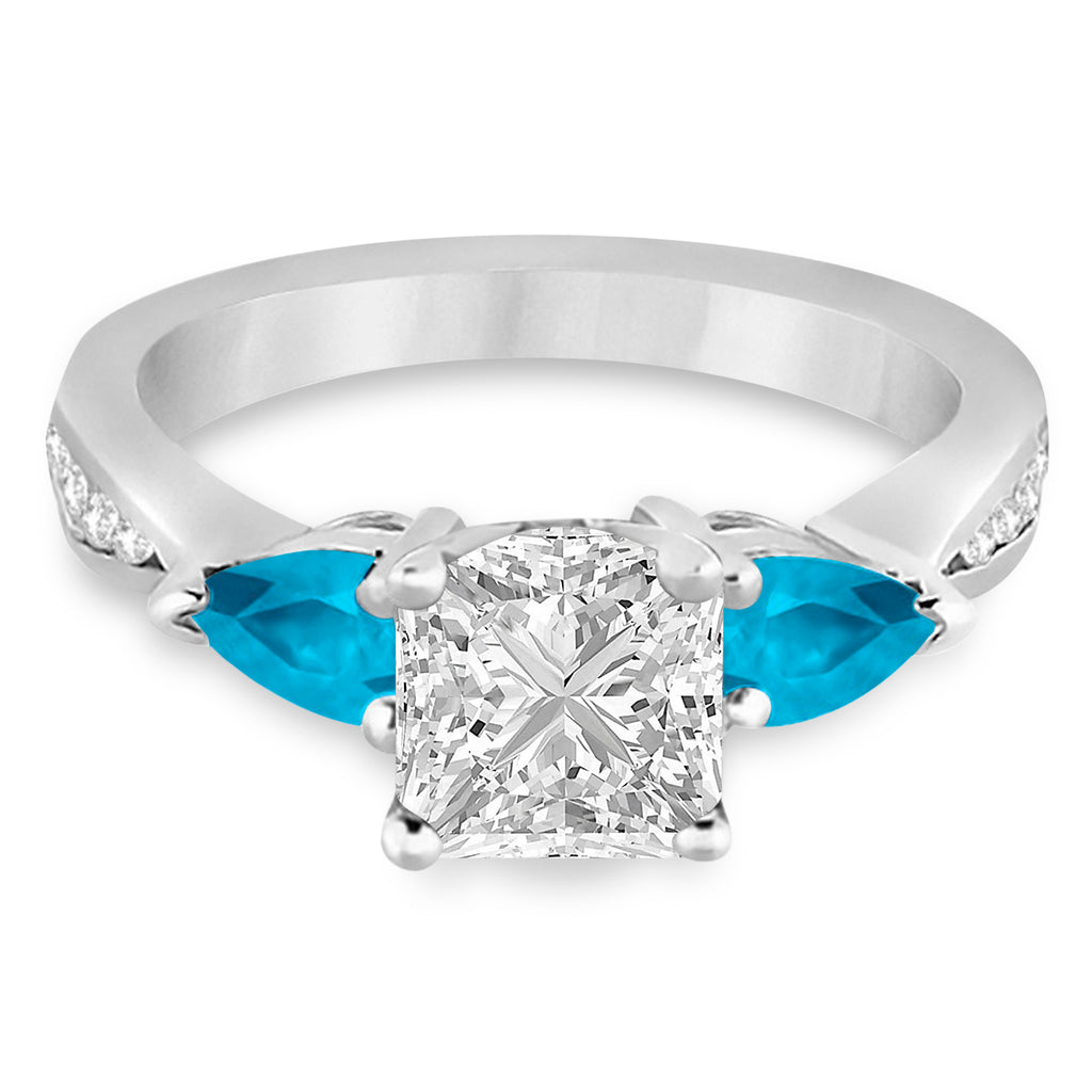Princess Diamond & Pear Blue Topaz Engagement Ring 18k White Gold (1.29ct)