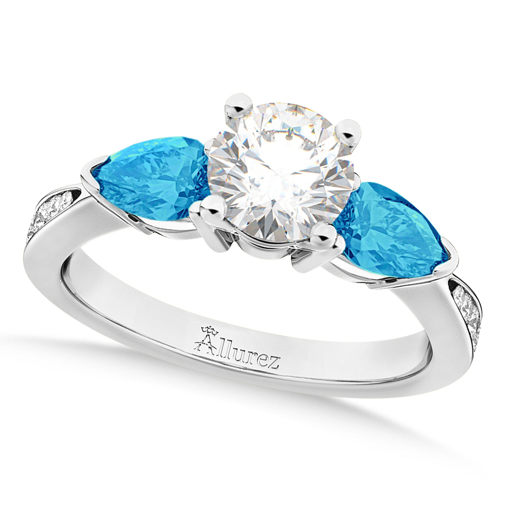 Round Diamond & Pear Blue Topaz Engagement Ring 18k White Gold (1.29ct)
