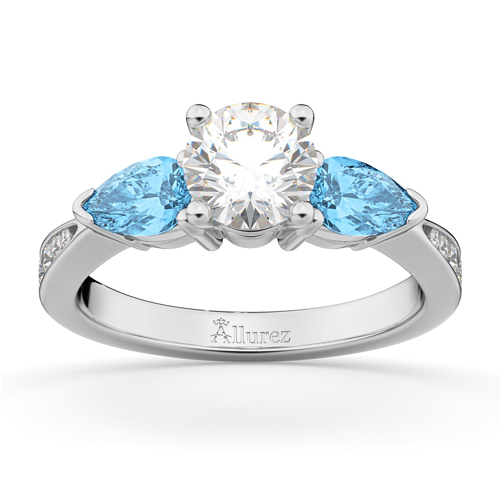 Round Diamond & Pear Blue Topaz Engagement Ring 18k White Gold (1.29ct)