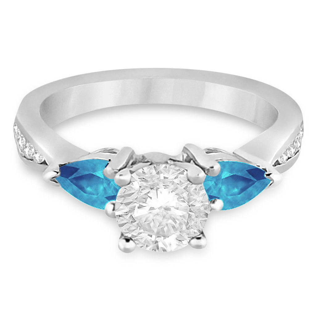 Round Diamond & Pear Blue Topaz Engagement Ring 18k White Gold (1.29ct)