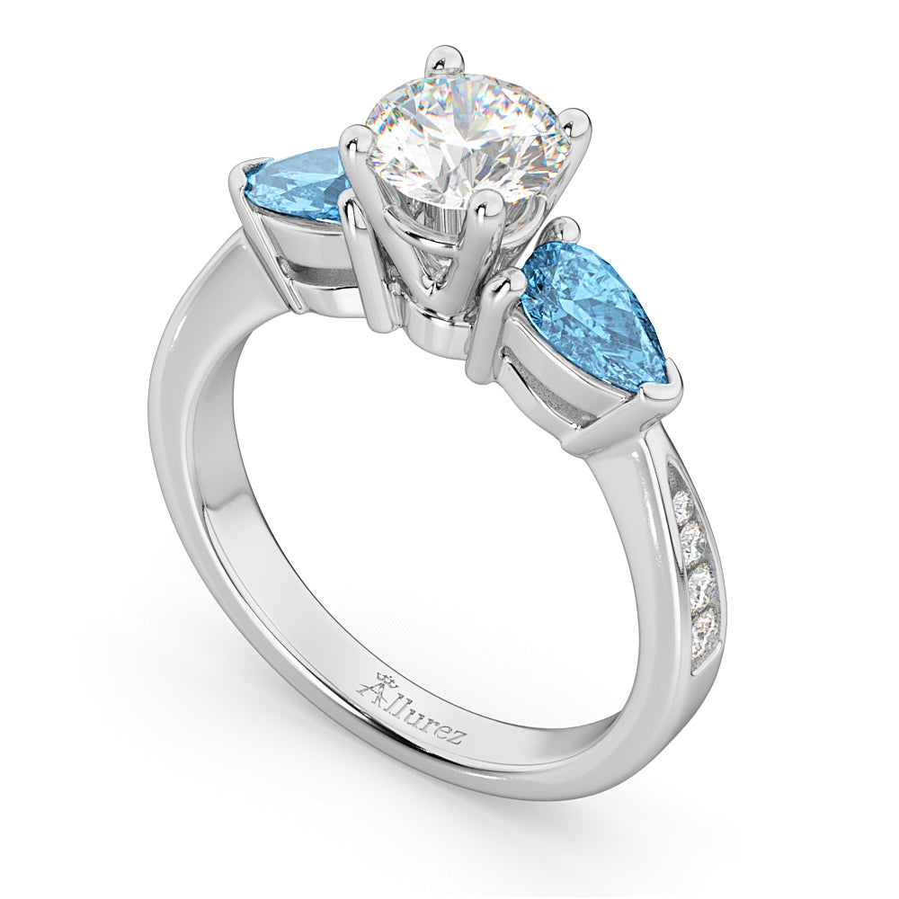 Round Diamond & Pear Blue Topaz Engagement Ring 18k White Gold (1.29ct)