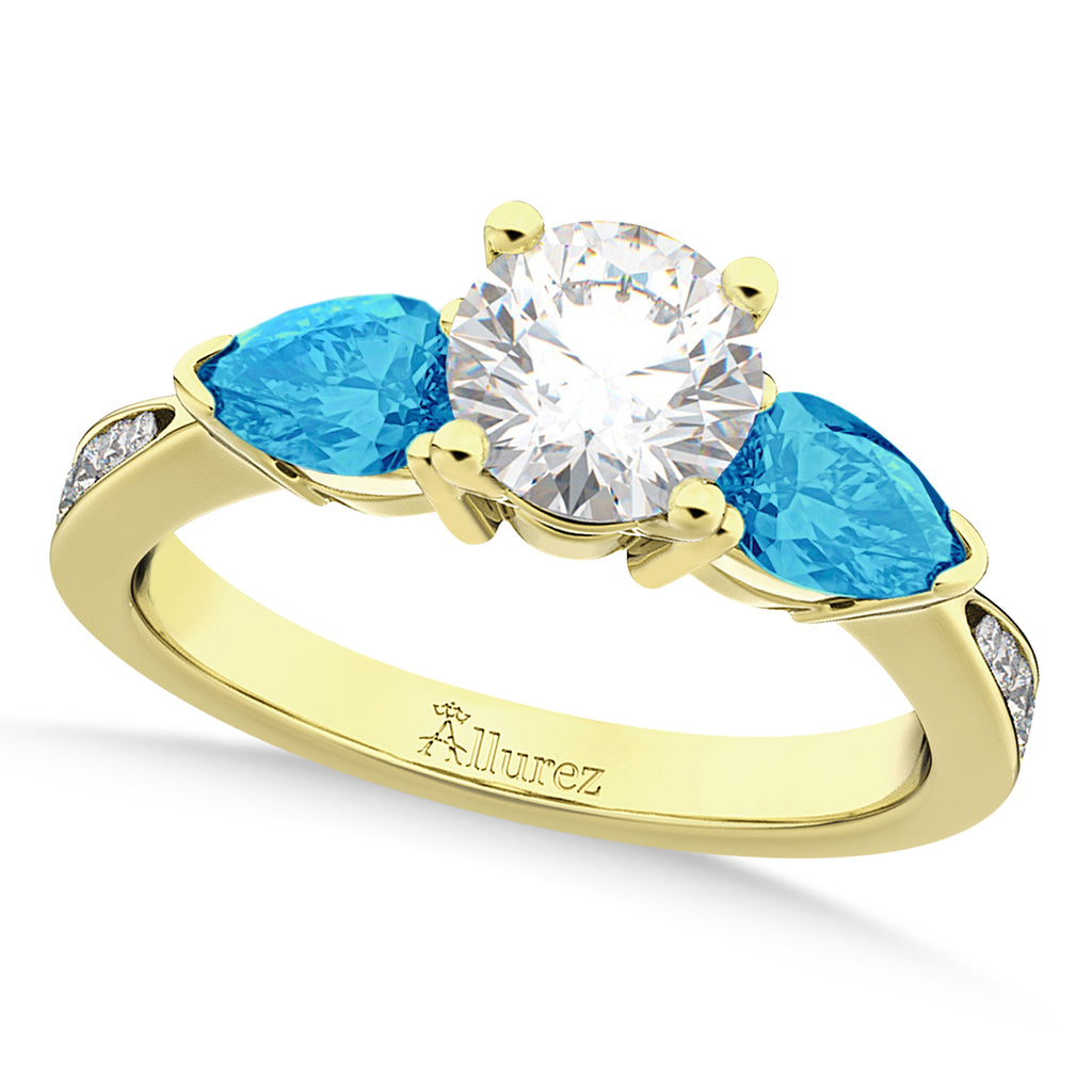 Round Diamond & Pear Blue Topaz Engagement Ring 18k Yellow Gold (1.29ct)