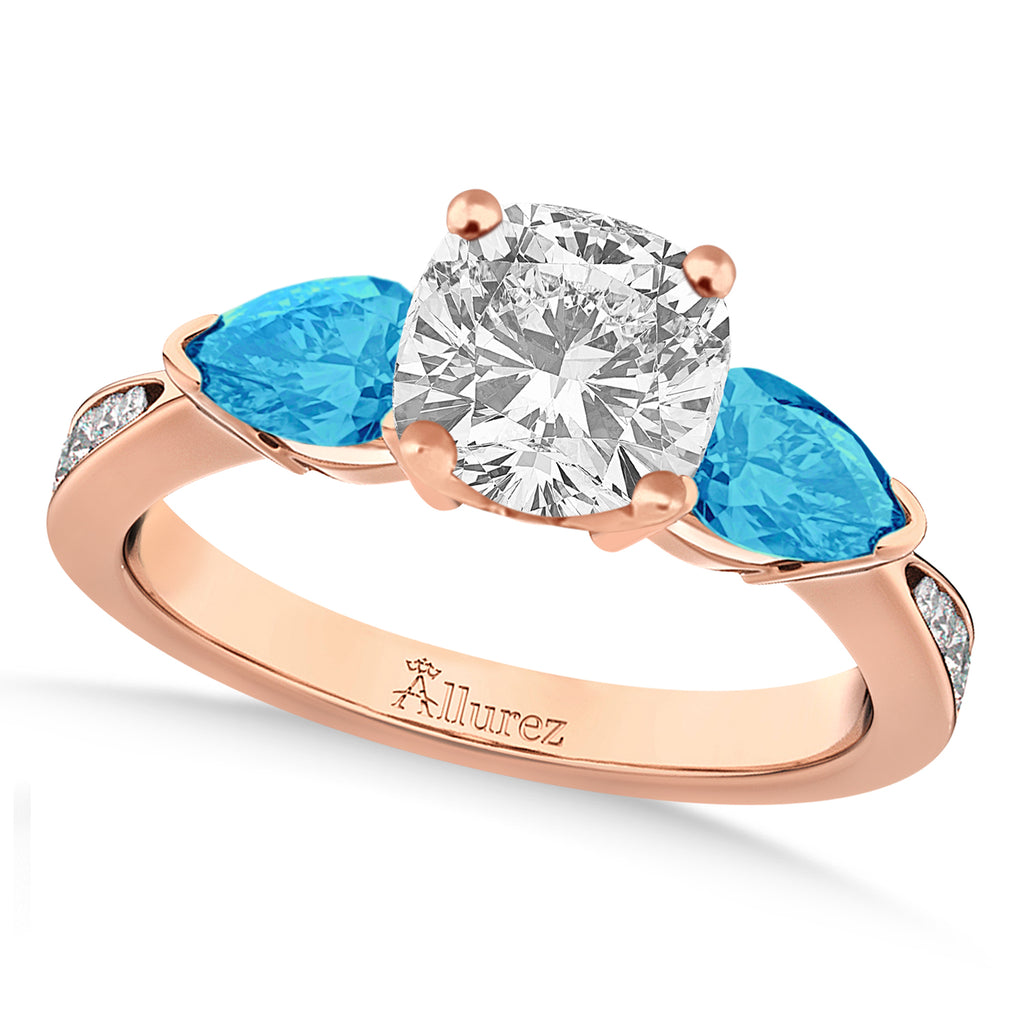 Cushion Diamond & Pear Blue Topaz Engagement Ring 18k Rose Gold (1.79ct)