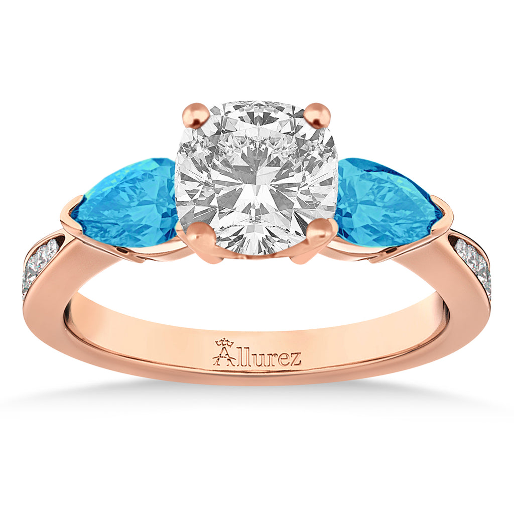 Cushion Diamond & Pear Blue Topaz Engagement Ring 18k Rose Gold (1.79ct)